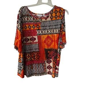 Susan Graver women's cold-shoulder top patchwork red, orange and black Size 2X